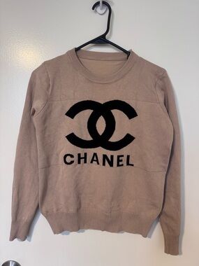 CHANEL Taupe Crewneck Sweater with Black Logo
